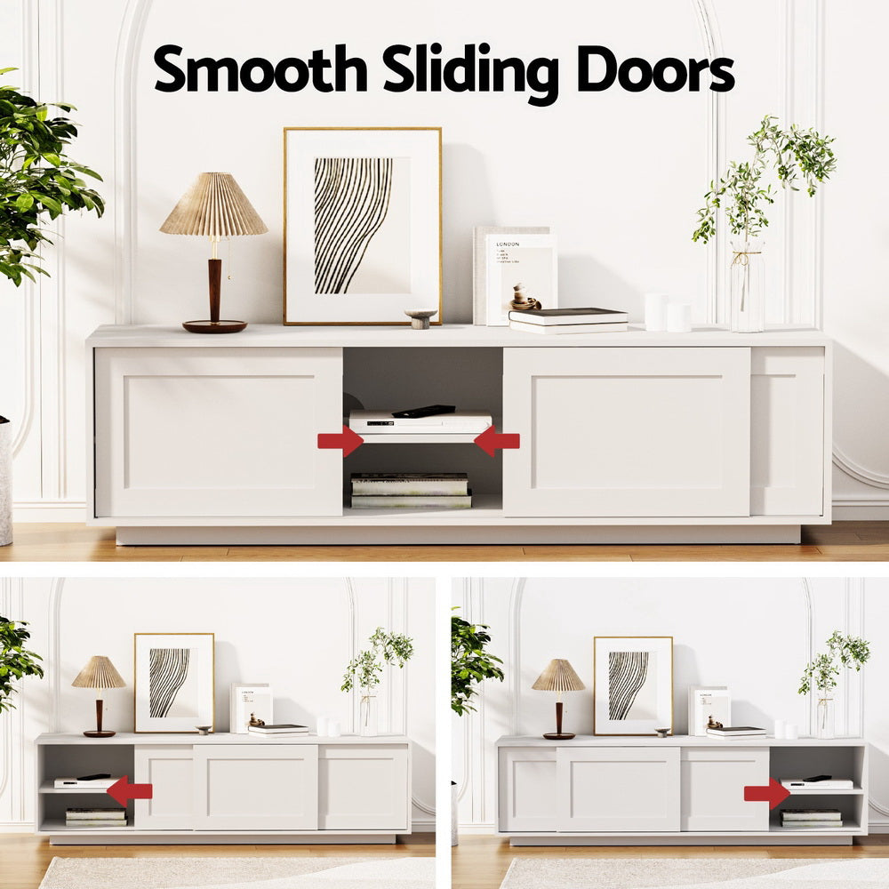 White TV unit 160cm smooth sliding doors feature three-panel infographic showing left center and right sliding positions
