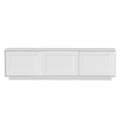 White TV unit 160cm flat front view on white background three recessed-panel sliding doors closed on plinth base