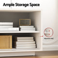 White TV unit 160cm ample storage interior close-up with disc player books wicker basket and adjustable shelf callout
