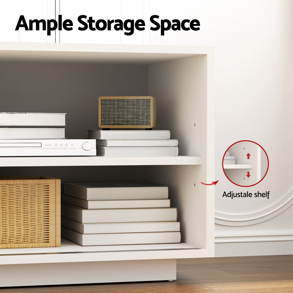 White TV unit 160cm ample storage interior close-up with disc player books wicker basket and adjustable shelf callout