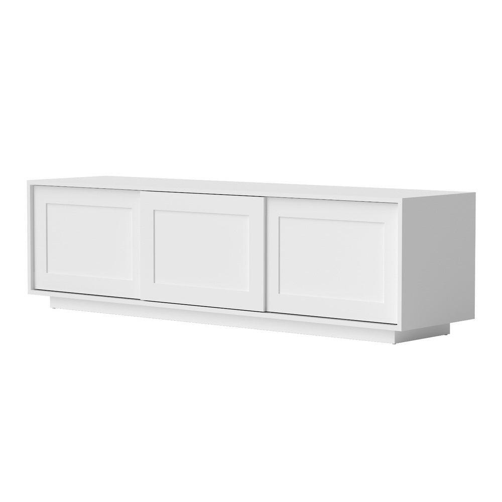 White TV unit 160cm sliding Shaker-panel doors in cream arched room with wall-mounted TV plant vase and bird ornament
