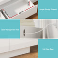 White TV unit three-panel feature infographic ample storage drawer 42x29x9cm cable management hole and full floor base