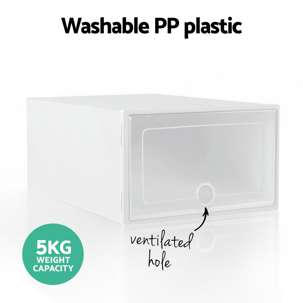 Single white PP plastic shoe box with clear front and ventilated hole callout showing 5KG weight capacity