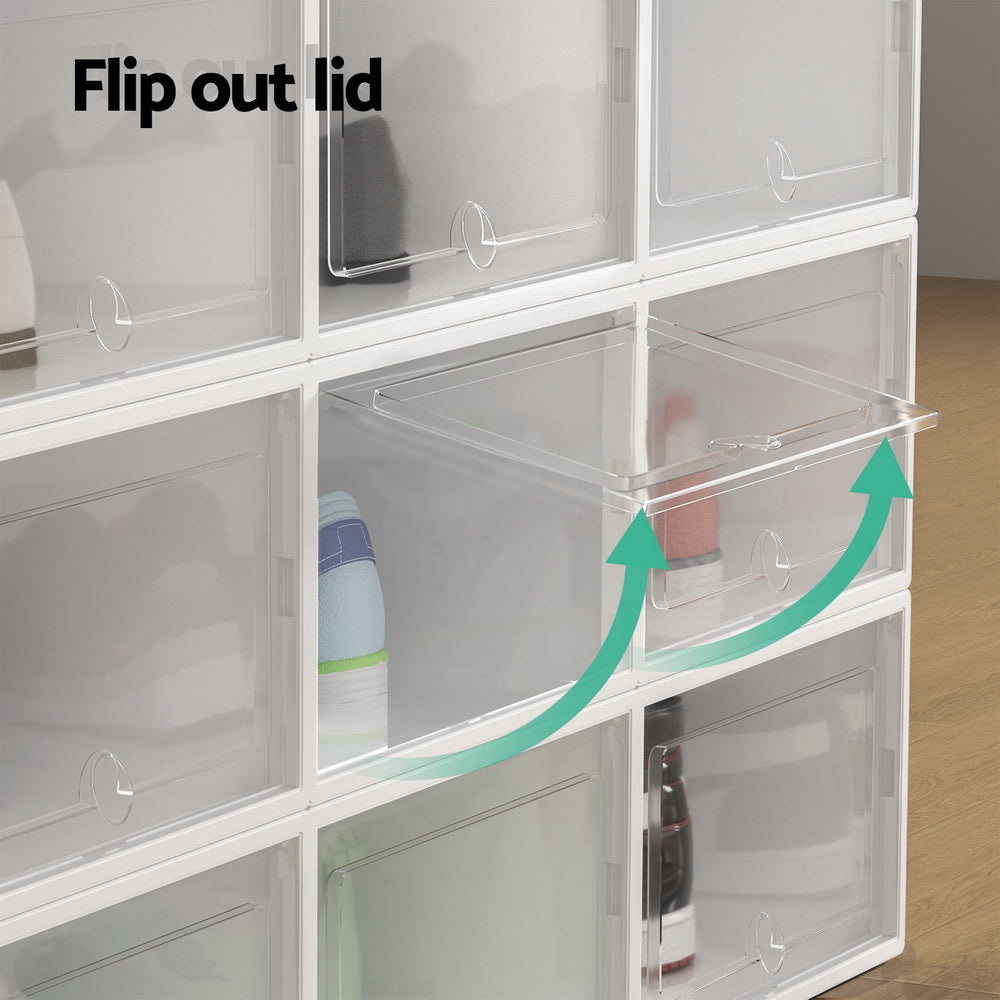 White clear-front shoe boxes stacked with one flip out lid open and teal arrows showing access motion