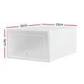 White stackable shoe storage box dimensions showing 33cm width 23cm depth and 14cm height