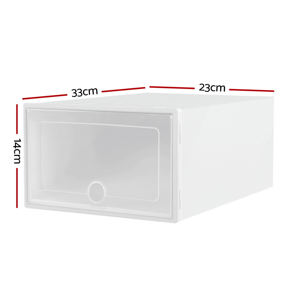 White stackable shoe storage box dimensions showing 33cm width 23cm depth and 14cm height