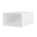 White plastic stackable shoe storage box with drop-front semi-transparent door and ribbed sides on white background