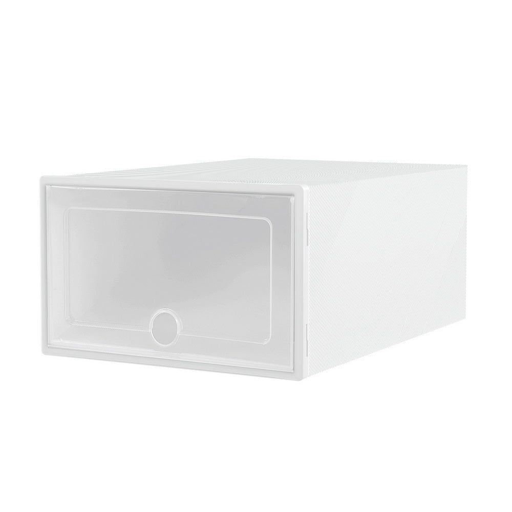 White plastic stackable shoe storage box with drop-front semi-transparent door and ribbed sides on white background