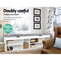 Two white storage benches with grey cushions 100kg seat capacity in living room with cubby shelves books and wicker basket
