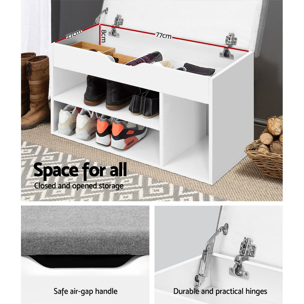 White shoe storage bench hinged lid open showing storage compartment with open shelves below featuring space for all text