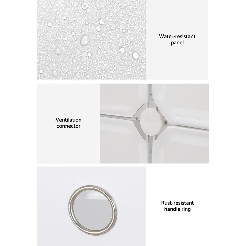 Storage cabinet features panel showing water-resistant surface ventilation connector and rust-resistant handle ring