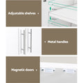 White storage cabinet features: adjustable shelves in 4.5cm increments, chrome metal bar handles, magnetic door catch