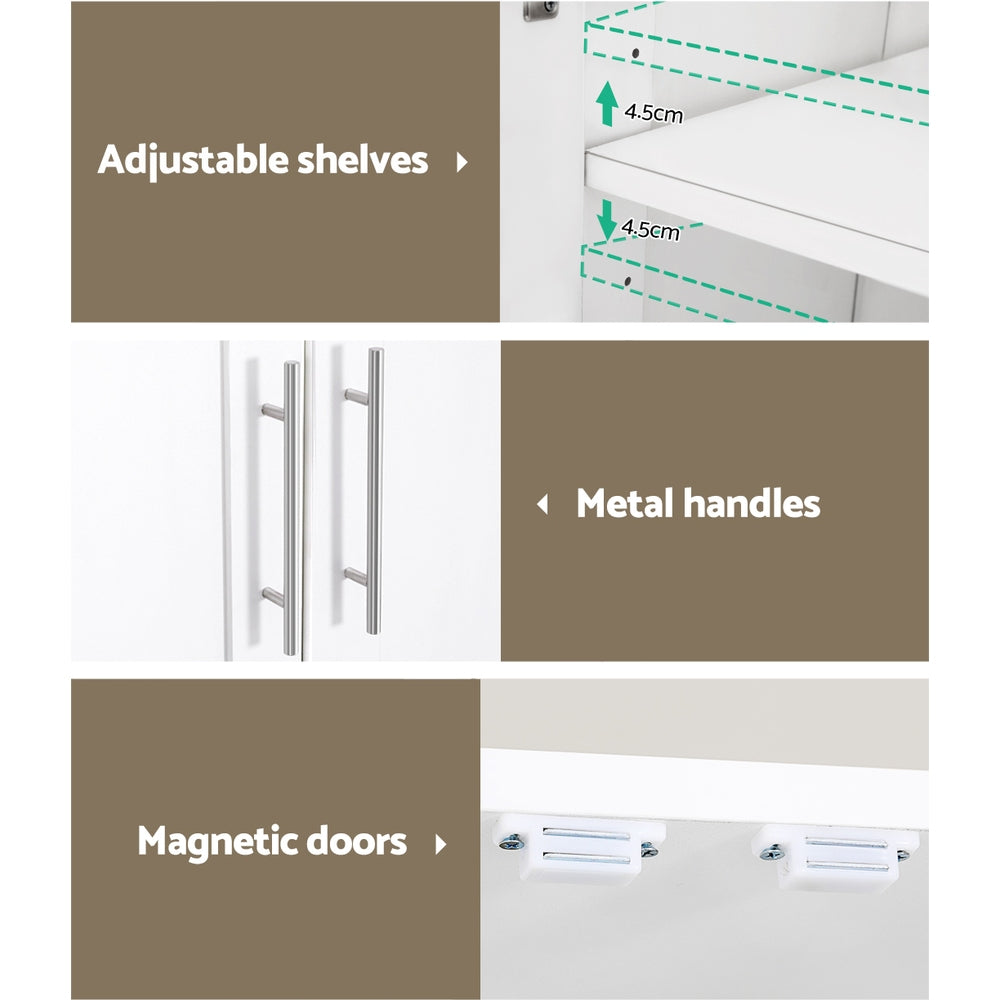 White storage cabinet features: adjustable shelves in 4.5cm increments, chrome metal bar handles, magnetic door catch