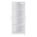 White two-door storage cabinet with both doors open showing four adjustable white shelves, chrome handles, front view