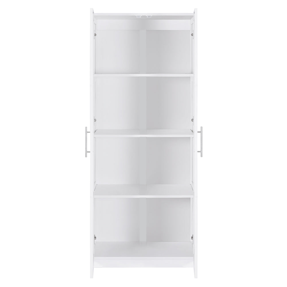 White two-door storage cabinet with both doors open showing four adjustable white shelves, chrome handles, front view