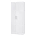 White tall two-door storage cabinet with shaker panel doors and chrome handles, three-quarter angle on white background