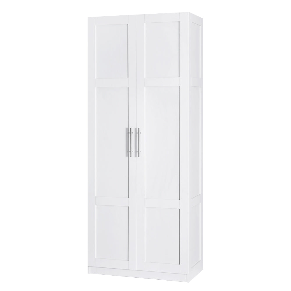White tall two-door storage cabinet with shaker panel doors and chrome handles, three-quarter angle on white background