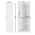 White storage cabinet dimensions: 180cm tall, 75cm wide, 40cm deep; interior 71cm wide, shelves 37.5cm deep, 41cm apart