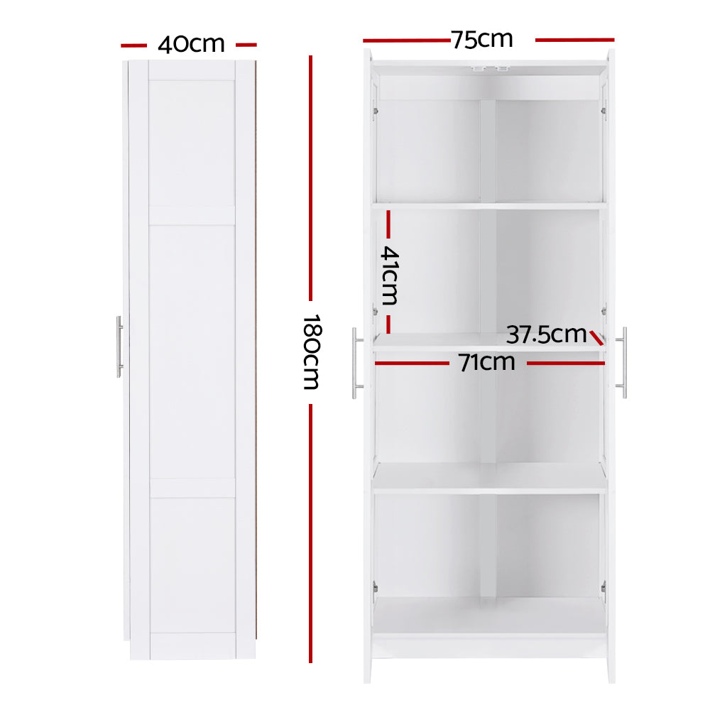 White storage cabinet dimensions: 180cm tall, 75cm wide, 40cm deep; interior 71cm wide, shelves 37.5cm deep, 41cm apart
