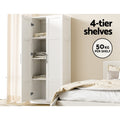 White two-door storage cabinet open in bedroom with folded linen on four shelves; text: 4-tier shelves, 50kg per shelf