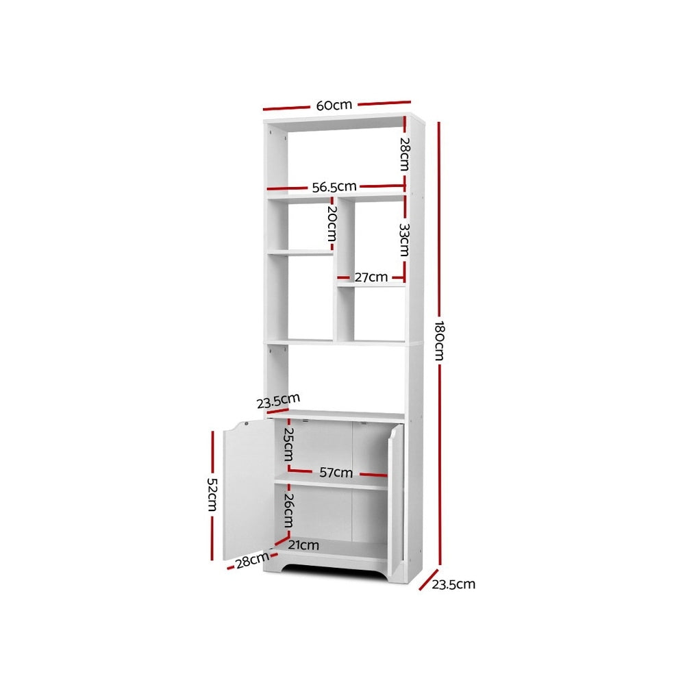 White tall bookcase with cabinet dimensions: 60cm wide, 180cm tall, 23.5cm deep, cabinet interior 57cm