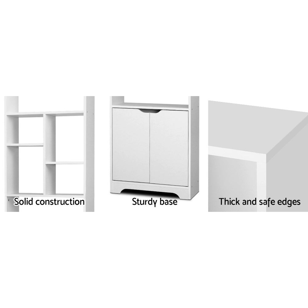 White bookcase features panel showing solid construction shelves, sturdy cabinet base, and thick safe edges