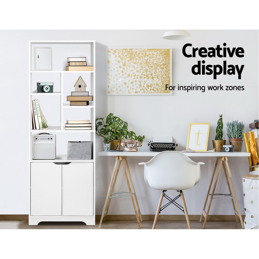 White tall bookcase with cabinet in home office lifestyle, text reads Creative display For inspiring work zones