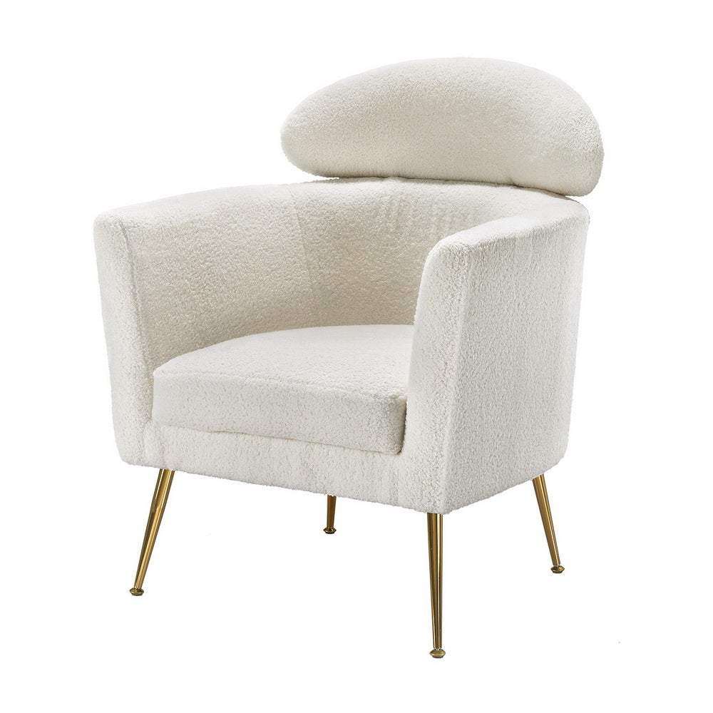 White teddy boucle barrel armchair three-quarter view with oval headrest and gold splayed legs on white background