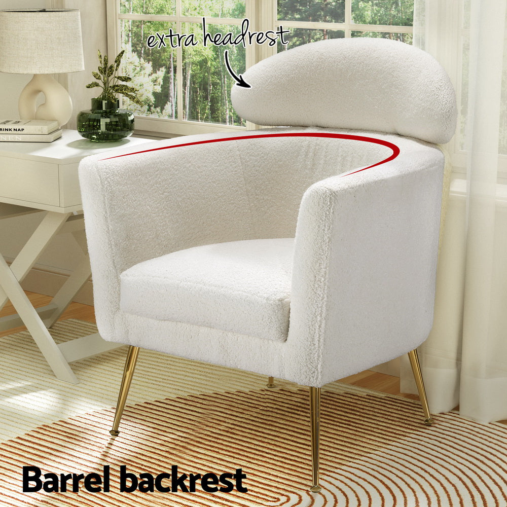 White teddy armchair in room with rug, white desk and lamp; "Barrel backrest" text and "extra headrest" callout with arrow