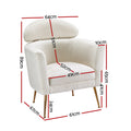 White teddy barrel armchair dimension diagram: 64cm wide 89cm tall 65cm deep, seat 49cm wide 52cm deep 41cm high, 24cm legs