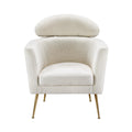 White teddy boucle barrel armchair front view with oval headrest pillow and four gold metal legs on white background