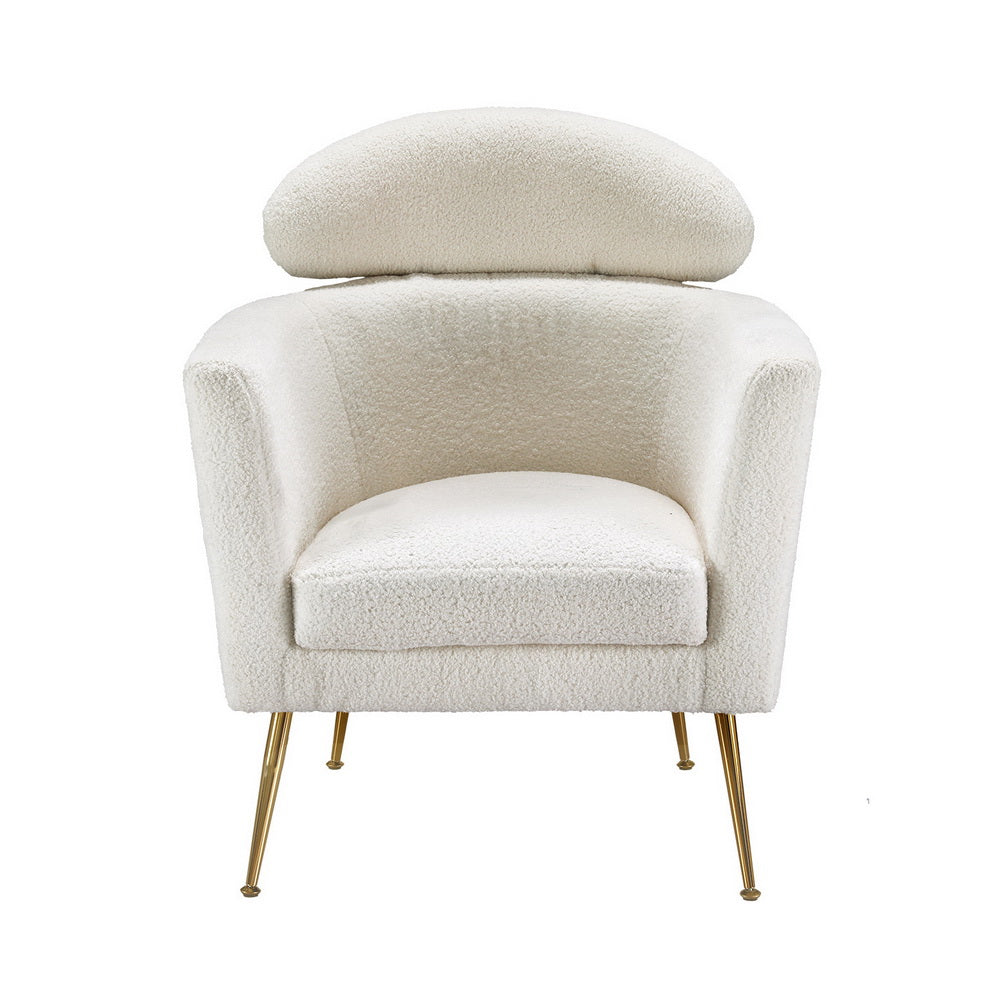 White teddy boucle barrel armchair front view with oval headrest pillow and four gold metal legs on white background
