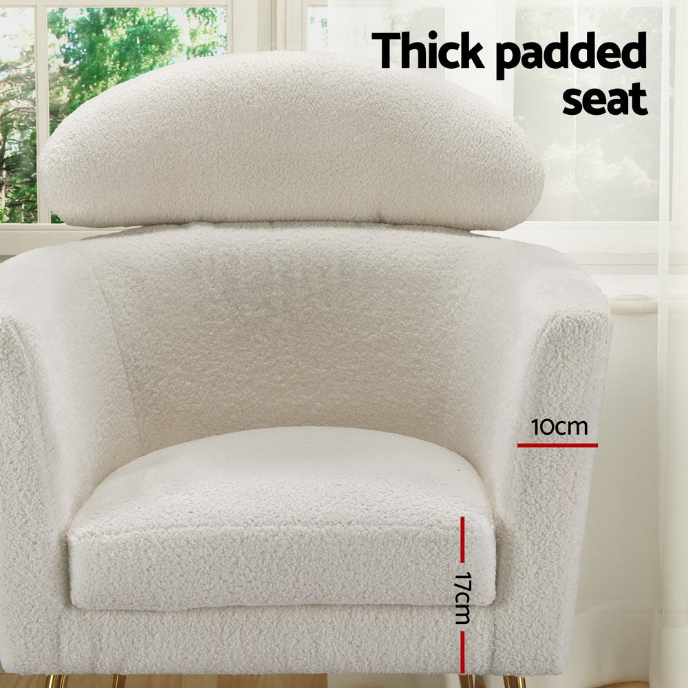 White teddy armchair close-up showing "Thick padded seat" with 10cm backrest and 17cm seat cushion thickness callouts