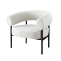 White boucle barrel armchair with curved open backrest and black metal frame three-quarter angle view on white background