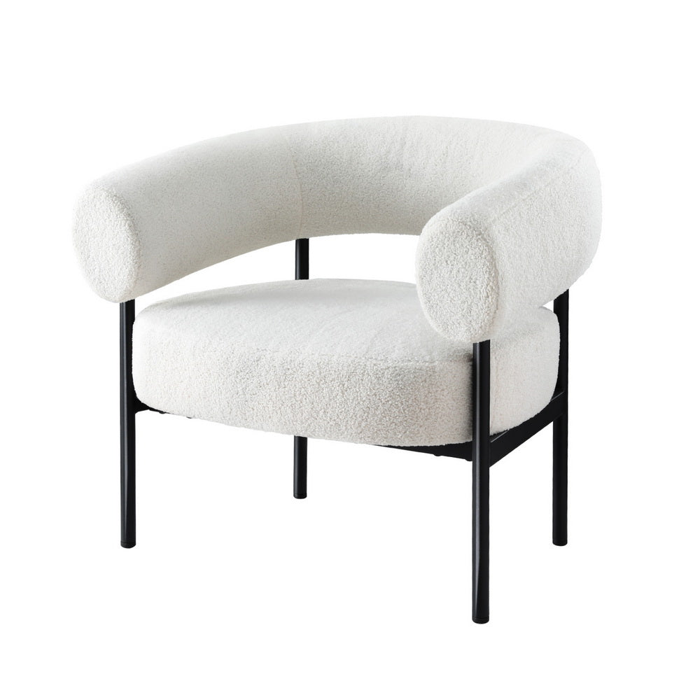 White boucle barrel armchair with curved open backrest and black metal frame three-quarter angle view on white background