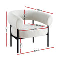 White teddy barrel armchair dimension diagram showing 65cm wide 72cm high 61cm seat width and 80cm base depth