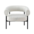 White teddy fabric barrel armchair with round open backrest and black metal legs front view on white background