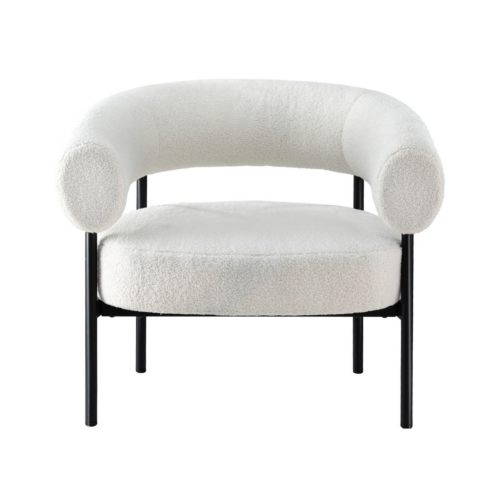 White teddy fabric barrel armchair with round open backrest and black metal legs front view on white background