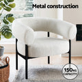 White teddy barrel armchair on black metal frame in lifestyle room with 150kg capacity badge and Metal construction text