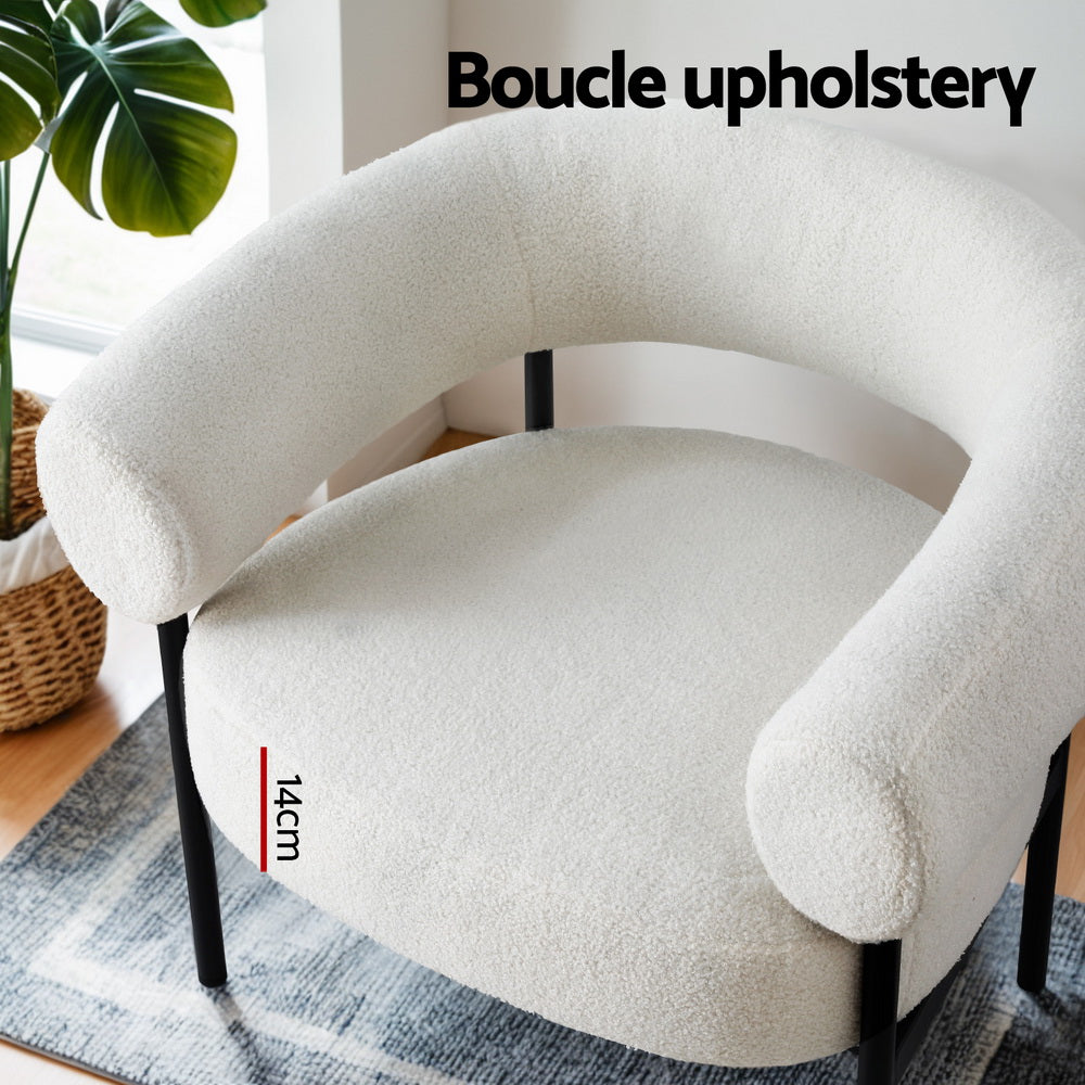 White boucle barrel armchair top view showing 14cm seat cushion depth with Boucle upholstery text in lifestyle room