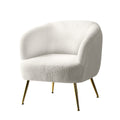 White teddy fabric barrel armchair with curved backrest and splayed gold metal legs angle view on white background