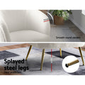 White teddy barrel armchair detail showing 10cm rounded back profile and gold splayed steel legs with 23cm span