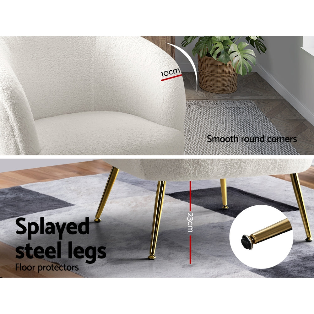 White teddy barrel armchair detail showing 10cm rounded back profile and gold splayed steel legs with 23cm span