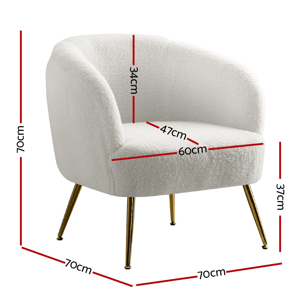 White teddy fabric barrel armchair with gold legs dimensions diagram showing 70cm height 60cm seat width and 37cm seat height