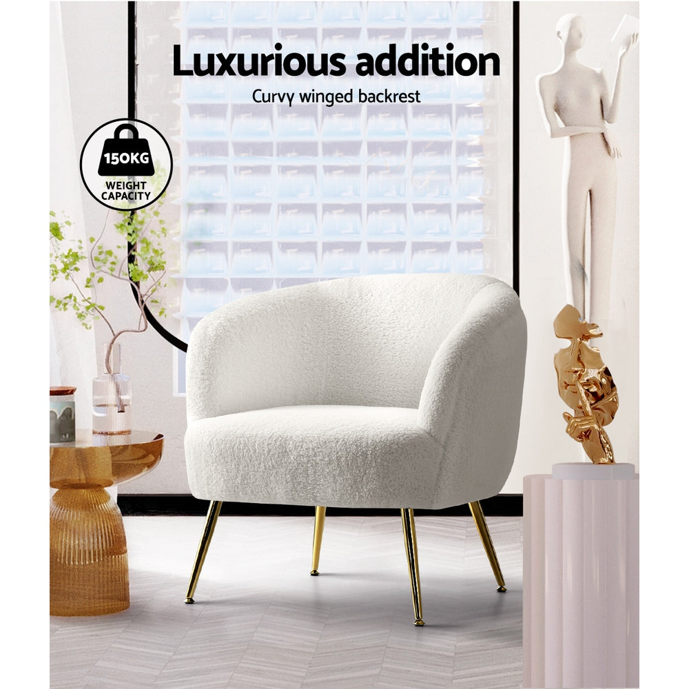 White teddy fabric barrel armchair in lifestyle scene with 150kg weight capacity badge and Luxurious addition text overlay