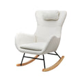 White teddy wingback rocking chair with headrest pillow, black metal frame and wood rocker runners on white background