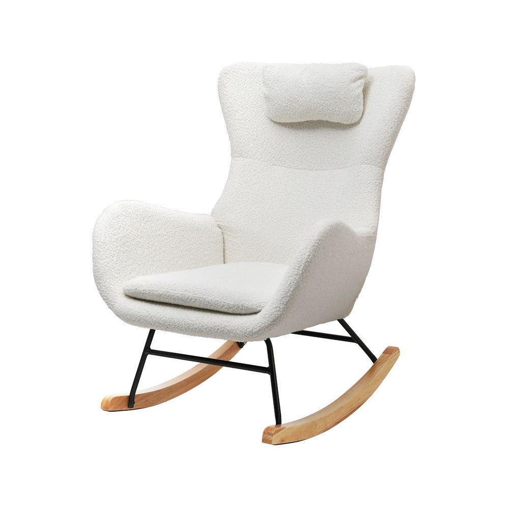 White teddy wingback rocking chair with headrest pillow, black metal frame and wood rocker runners on white background