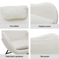 White teddy rocking chair four detail panels showing extra pillow, padded armrest, teddy fabric upholstery and side pocket