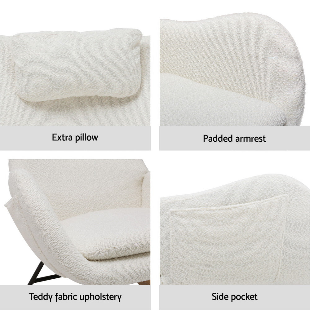 White teddy rocking chair four detail panels showing extra pillow, padded armrest, teddy fabric upholstery and side pocket
