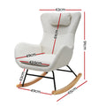 White teddy wingback rocking chair dimension diagram showing 63cm wide 91cm high 49cm seat width and 65cm rocker span